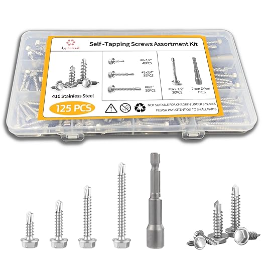 Self-Tapping Screws, 410 Stainless Steel, 125 PCS Assortment Kit with Driver, #8 1/2" 3/4" 1" 1-1/2", Hex Washer Head