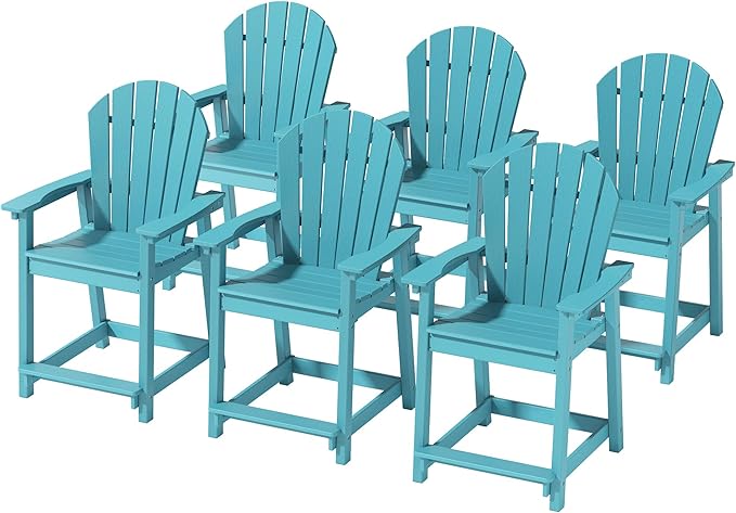 OTSUN Outdoor Tall Adirondack Chairs Set of 6, Patio Bar Stool Chair with High Back, 400lbs, Widened Arms, All-Weather Balcony Chair for Backyard, Garden, Yard （6PCS, Aruba Blue