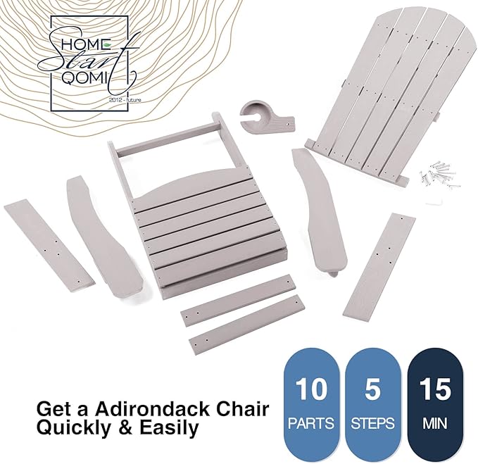Adirondack Chairs Set of 2, All Weather Resistant Plastic Chairs with Cup Holder, 5 Easy Steps to Install, Outdoor Chairs for Patio, Garden, Backyard Deck, Lawn, Fire Pit - Grey