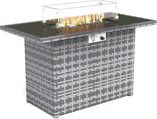 UDPATIO 44" Propane Gas Fire Pit Table, 55000 BTU Rectangular Fire Pit with Glass Wind Guard for Outside Patio Deck Garden Backyard