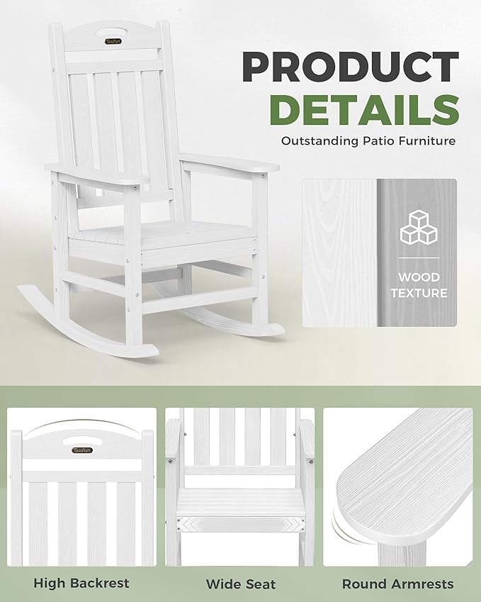 Oversized Outdoor Rocking Chair Set of 4, High Back Porch Rocker Chair, HDPE All Weather Resistant Rocking Chairs for Patio, 382lbs Weight Capacity, White