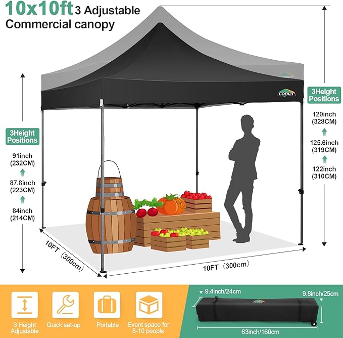 COBIZI 10x10 Pop Up Canopy with Sidewalls Heavy Duty Party Tent with Removable Awning Easy Up Outdoor Canopy Wedding, All Season Windproof&Waterproof with Roller Bag UPF 50+, Black