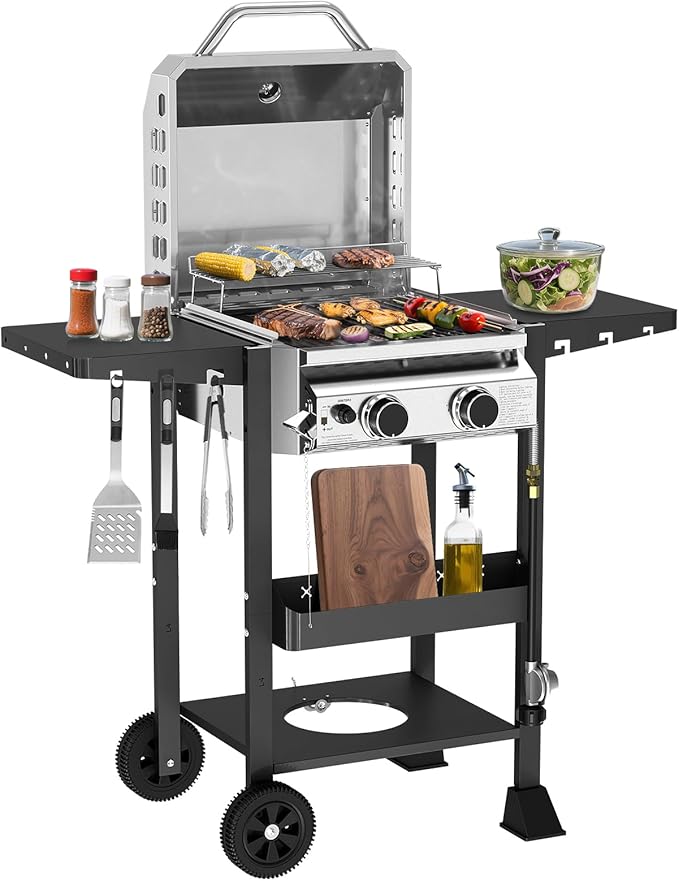 R.W.FLAME G20B Propane Gas Grill with 2-Burner, 16000 BTU Stainless Steel Outdoor BBQ Grill for Cooking with Top Cover Lid,Wheels,Side Storage Shelves,hooks Portable Barbeque for Patio Garden Camping