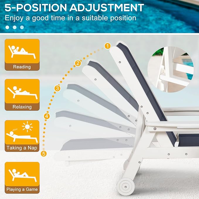 Outdoor Chaise Lounge Chair with Table, 5-Position Adjustable Patio Lounge Chair with Wheels & Cup Holder, HDPE Pool Lounge Chair for Outside, Poolside & Beach (Dark Blue+White)