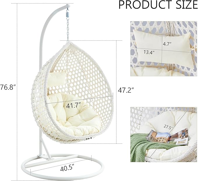 Hanging Egg Chair with Stand, Egg Swing Chair with Stand Indoor Outdoor, White Wicker Swing Egg Chair for Adults, Hammock Chair with Comfortable Cushion and Stable Round Metal Base for Bedroom Patio