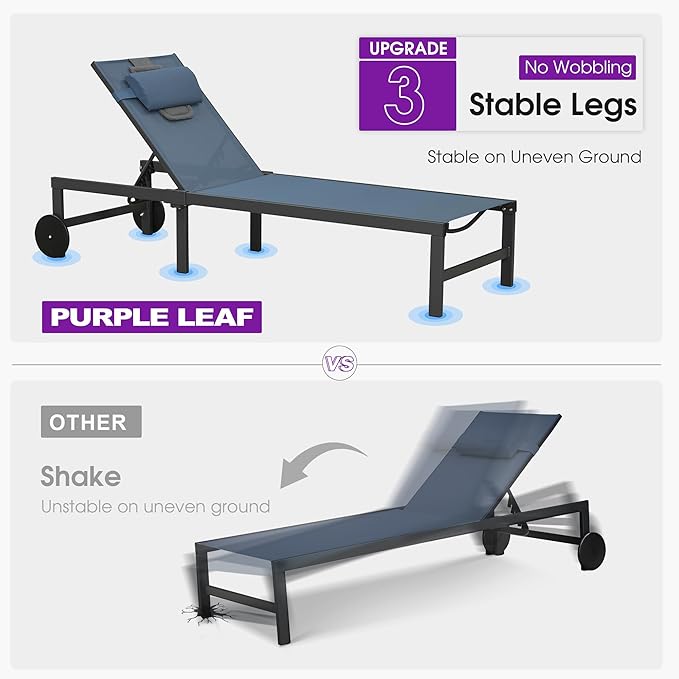 PURPLE LEAF Beach Lounge Chair with Face Hole Pillow and Headrest Adjustable 5-Position Lay Flat Aluminum Patio Chaise Lounges Set Wheels Outdoor Tanning Chair for Sunbathing Pool Beach Indigo