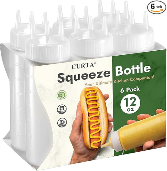 CURTA 6-Pack 12 oz Clear Squeeze Bottle with 3 Open Tips, BPA-Free Easy-to-Squeeze Plastic Condiment Dispenser with oz & ml Markings for Sauce, Oil, Dressing, Dishwasher Safe, White
