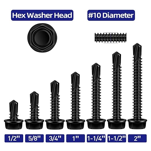 #10 x 2 Hex Washer Head Self Tapping Screws, TEK Screws, Self Drilling, Stainless Steel 410 Sheet Metal Screws, Black Finish, 50 PCS
