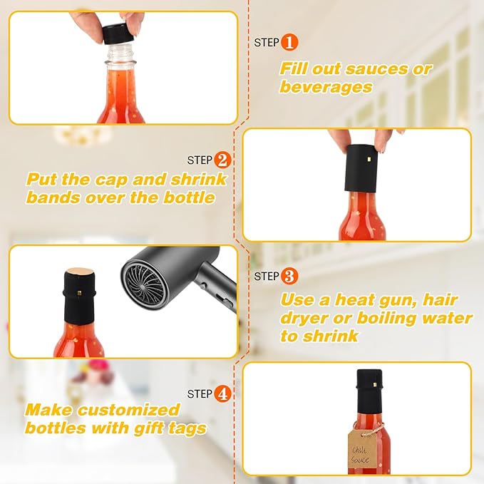 Hot Sauce Bottles 5 oz, 35 Pack Glass Woozy Bottles with Leak Proof Black Caps, Shrink Capsules & Brush, 150ml Empty Bottles for Hot Sauces, Home Bottling, Oils, Vanilla Extract & Gifts
