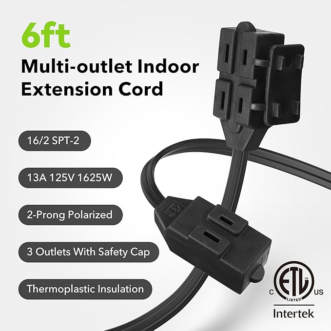 BN-LINK 6ft Indoor Extension Cord, 2 Pack, 3-Outlet Polarized Flat Cable, Household Power Cord for Home, Office, and Holiday Decorations, Black