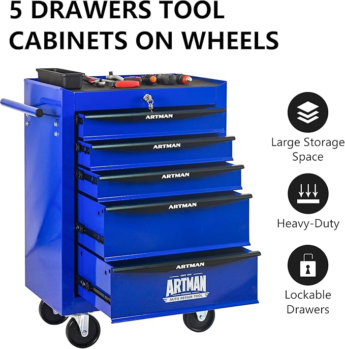 5 Drawers Tool Cart on Wheels, Multifunctional Rolling Tool Box, Drawers Rolling Trolley Organizer Tools Storage Chest for Warehouse,Garage,Workshop,Repair Shop (5 Drawers-30.5" H)