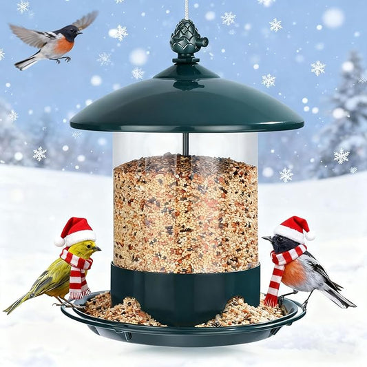 Metal Bird Feeders for Outdoors Hanging, Weather Resistant Wild Bird Feeder with 360 Degree Feeding Tray, Green