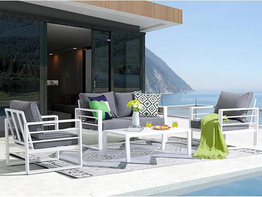 Patiorama Aluminum Patio Furniture Set, 4 PCS Modern Patio Conversation Set, All Weather White Outdoor Sectional Sofa Set w/Coffee Table, Loveseat, Superior Olefin Cushion, Garden-Grey Cushion