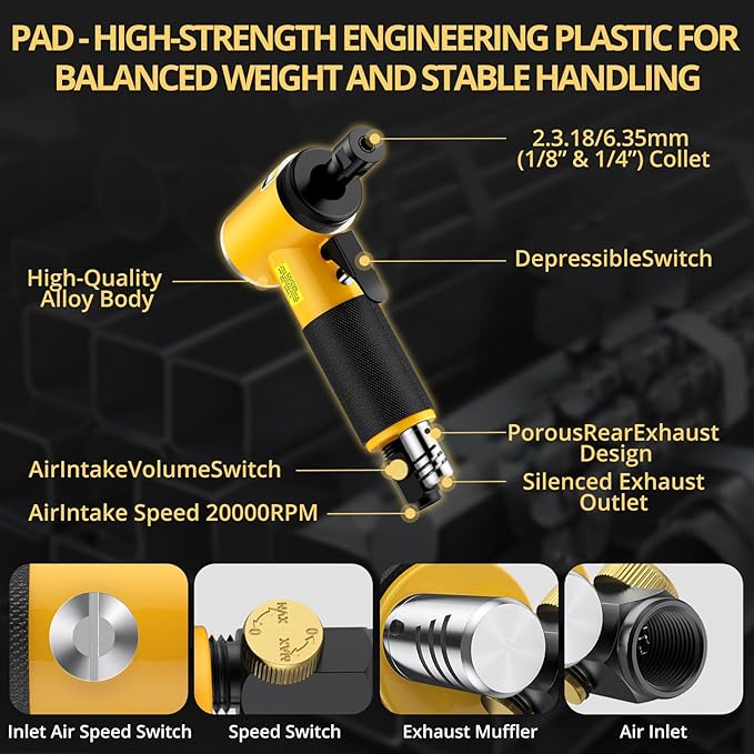 AMTOVL Air Die Grinder Kit, Right Angle Die Grinder with 1/4" 1/8" Collets and 2" Quick Change Roll Lock Sanding Discs Accessories Set, 20,000RPM Pneumatic Air Grinding Tools Attachments