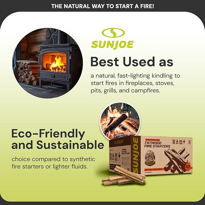 Sun Joe 40-Pound Fatwood Fire Starter Sticks, All-Natural Pine Kindling for Fireplace, Wood Stove, Pit and Grill, Made for Indoor or Outdoor Use