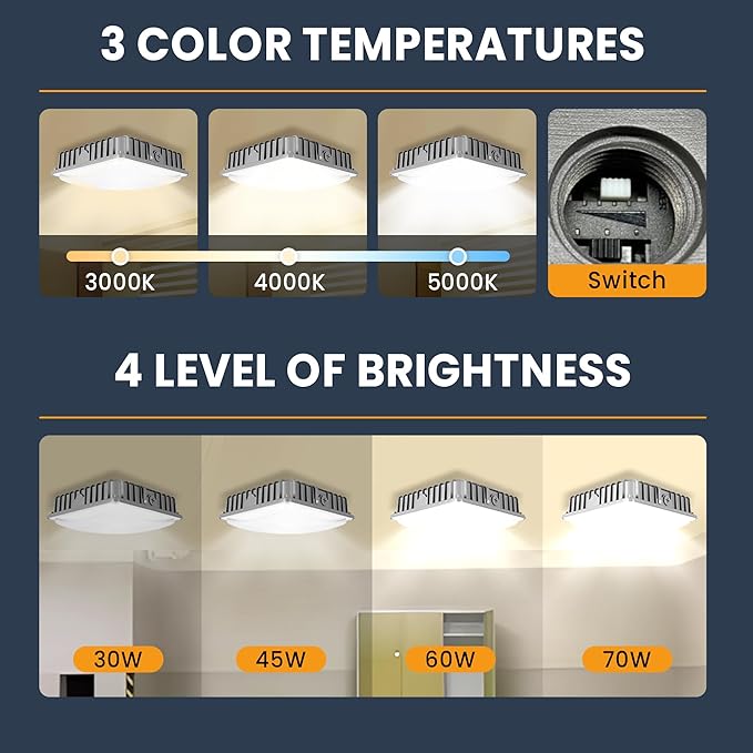 LED Canopy Light 70W 3CCT 3000/4000/5000K, 30/45/60/70W Selectable, IP65 Waterproof, LED Canopy Lights Outdoor, Dim 100-277VAC, Square Gas Station Light for Garage Carport, ETL Listed