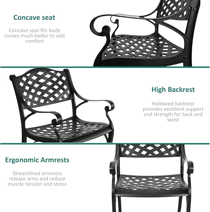 5 Pieces Cast Aluminium Patio Dining Set for 4-6 Person,Round 48" Patio Table and Chairs Set of 4 with 2.3" Umbrella Hole,Outdoor Patio Furniture Dining Set for Porch Backyard Deck, Black