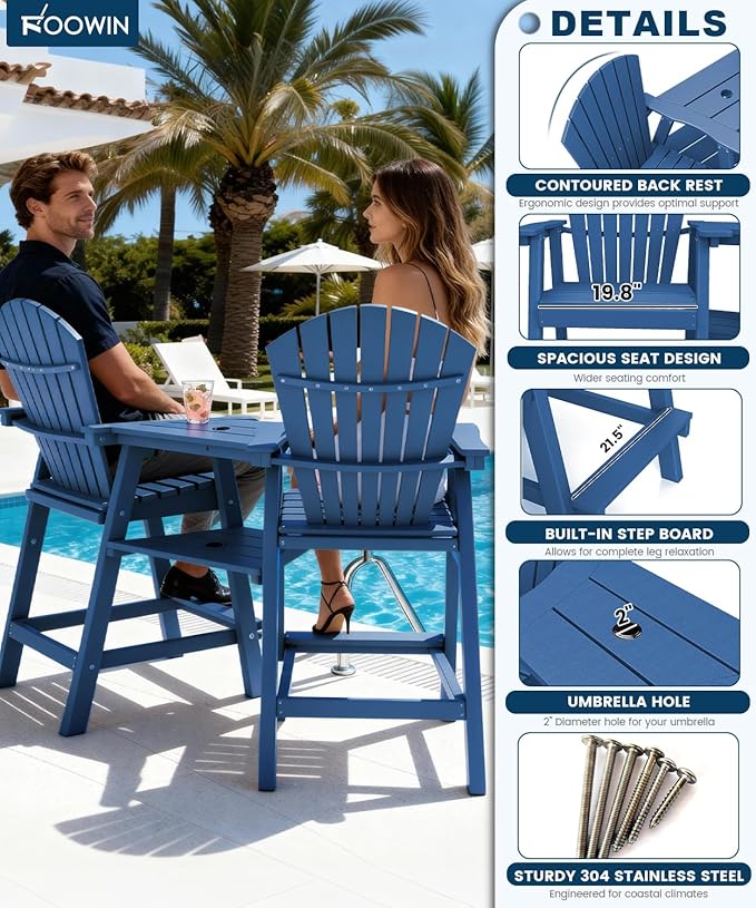 FOOWIN Tall Adirondack Chair Set of 8, All Weather HDPE Bar Height Adirondack Chair with Double Connecting Trays, Adirondack Barstools for Balcony, Deck, Backyard, Patio, Garden Navy Blue