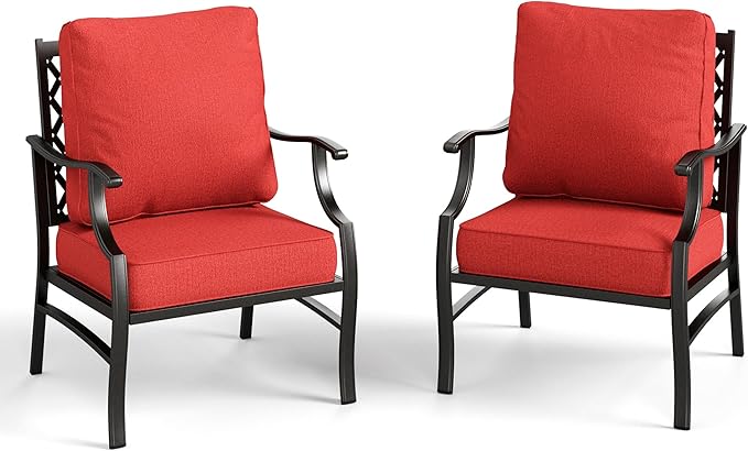 Patio Chairs Set of 2, High Back Outdoor Patio Metal Leg Chairs with 5.75" Thick Cushions for Bistro Balcony Porch Deck and Yard, Red