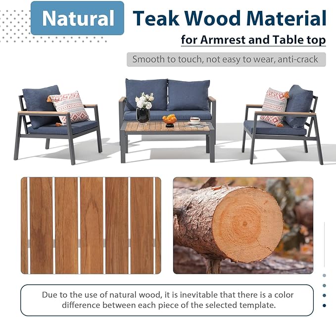 JOIVI Aluminum Patio Furniture Set, 4 Pieces Outdoor Conversation Set with Teak Wood Top Coffee Table, Sectional Sofa Set with Wood Armrest and Cushions for Outside Poolside, Lawn, Backyard, Navy Blue