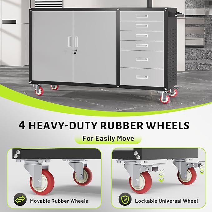 55"W Heavy Duty Rolling Workbench with Drawers and Storage,1000 LBS Capacity Work Bench with Lockable Cabinet & Adjustable Shelf,Garage Workbench with Pegboard & Wheels for Garage/Repair Shop