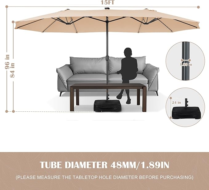 Sundale Outdoor Solar 144 LED 15 ft Patio Umbrella with Sandbag Base Included and Cover, Outdoor Double-Sided Umbrella
