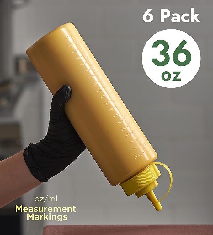 CURTA 6-Pack 36 oz Clear Squeeze Bottle with Cap, BPA-Free Easy-to-Squeeze Plastic Condiment Dispenser with oz & ml Markings for Sauce, Oil, Dressing, Dishwasher Safe, Yellow