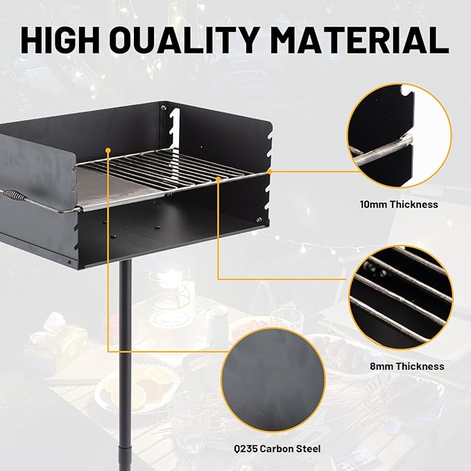 Park-Style Charcoal Grill Heavy Duty Steel Outdoor BBQ Grill with Grate and Single Post Outdoor Cooking Backyard Barbecues Camp Grilling 25x17x11 Inch