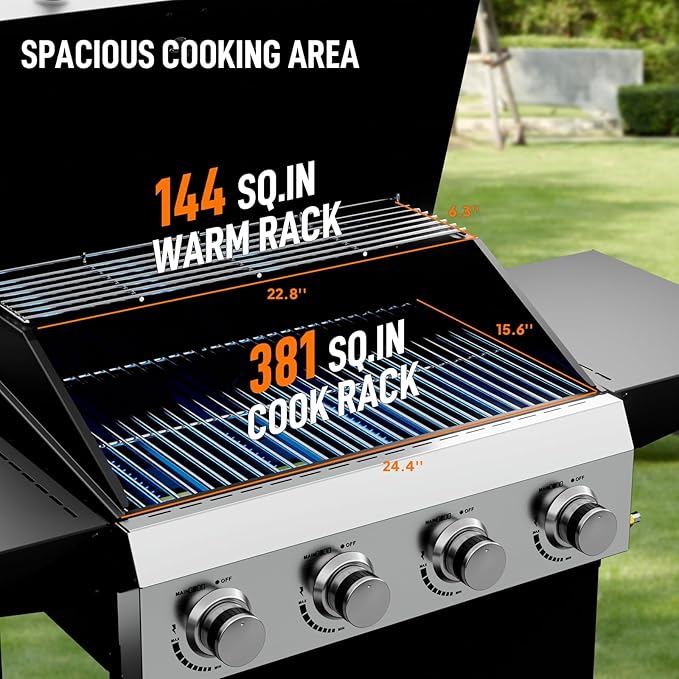 ROVSUN 4 Burner Propane Gas Grill with Foldable Side Shelves, 40000BTU BBQ Grills with Enameled Cast Iron Grates, Cabinet & Poratable Rolling Wheels for Outdoor Garden Patio Backyard Barbecue Cooking