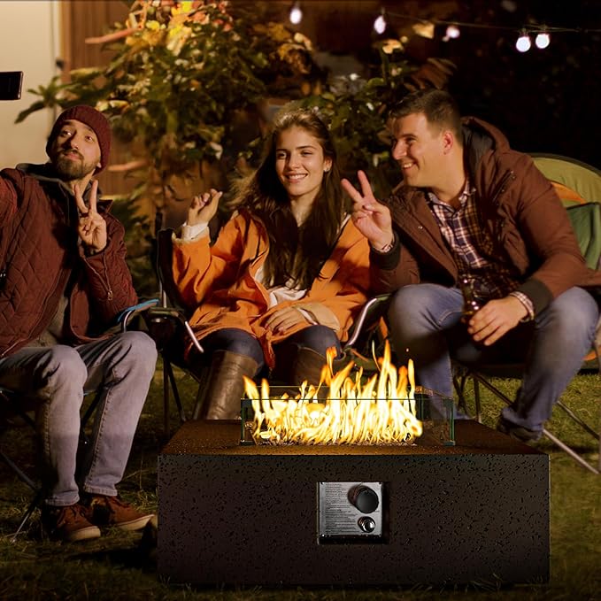 COSIEST Outdoor Propane Fire Pit Coffee Table w Square Faux Stone 35-inch Base, Certified, 50,000 BTU Stainless Steel Burner, Free Lava Rocks and Rain Cover, Wind Guard, Tank Cover, Brown