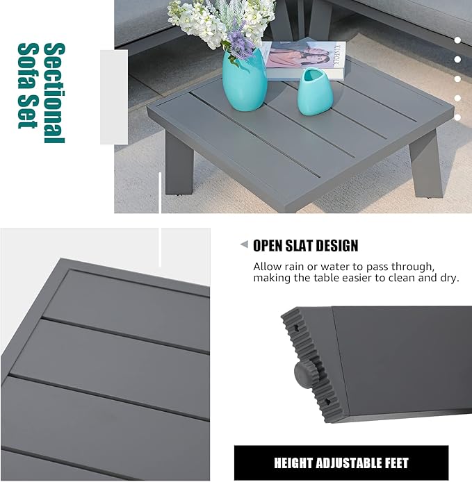 Soleil Jardin 4-Piece Outdoor Patio Furniture Set L-Shaped Aluminum Sectional Sofa with Coffee Table All-Weather Patio Conversation Set with Cushions, Dark-Grey