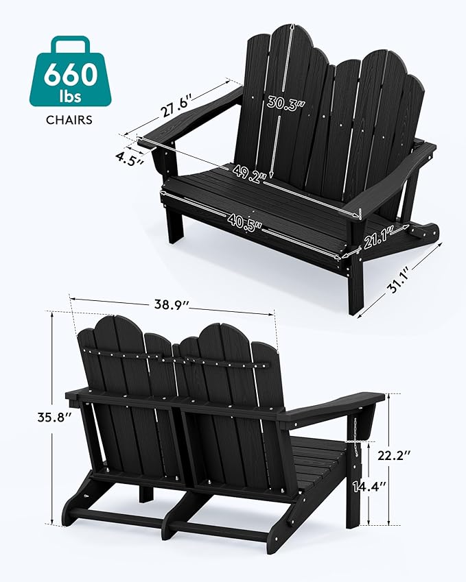 SERWALL Folding Adirondack Bench, HDPE All-Weather Adirondack Loveseat Set of 2, Black