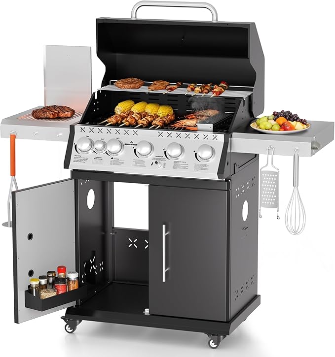 SKOK 5 Burner BBQ Grill with Infrared Side and Rear Burners, Gas Grill with Cast Iron Grates, Outdoor Barbecue Grill 72,000 BTU Output