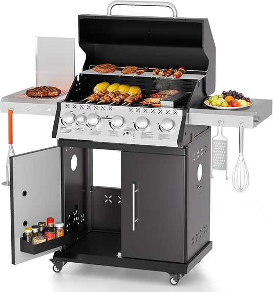 SKOK 5 Burner BBQ Grill with Infrared Side and Rear Burners, Gas Grill with Cast Iron Grates, Outdoor Barbecue Grill 72,000 BTU Output