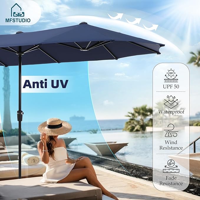 MFSTUDIO Outdoor Dining Set with Umbrella, Patio Dining Set doe 6 Persons, Patio Furniture Set with Umbrella for Deck Poolside Backyard Garden, Navy Umbrella (Umbrella Base Not Included)