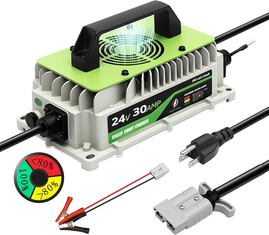 24V Lithium Battery Charger 30A LiFePO4 Charger 24 Volt Battery Charger for Forklift RV Boat Trolling Motor Solar System 1000W IP65 Waterproof with Cooling Fan Alligator Clips