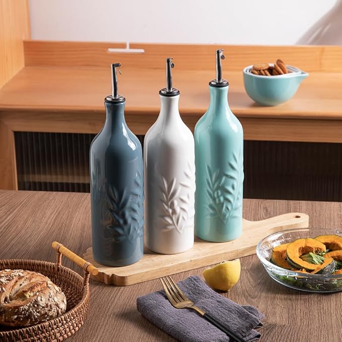 Sweejar Large Ceramic Olive Oil Dispenser Bottle, 24 Oz, Relief, Set of 1 (White)