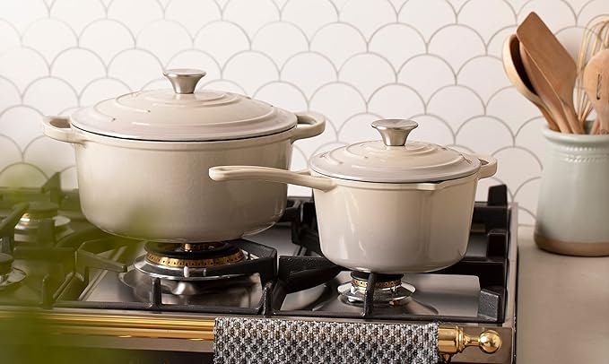 Larder & Vine 5-Piece Enameled Cast Iron Cookware Set - Includes 5.7 Quart Dutch Oven with Lid, 10.25 Inch Skillet, 2.2 Quart Saucepan with Lid (Stone)