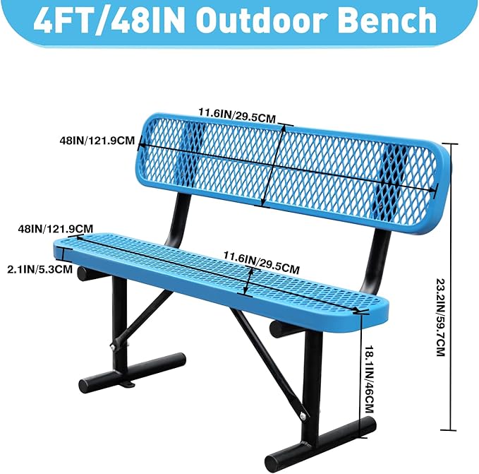 4Ft Outdoor Bench with Back Portable Frame, Outdoor Steel Park Bench with Backrest, Expanded Metal Mesh Bench for Outside, Lawn, Backyard, Park, Garden, Patio, Porch, Bule