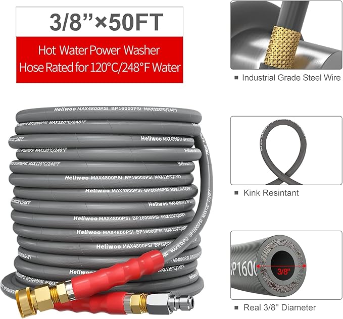 3/8'' Pressure Washer Hose 50 FT, Hot and Cold Water Power Washer Hose Max 248°F, Commercial Industrial Grade Steel Wire Braided Kink Proof Extension Hose with 3/8 Quick Connect 4800 PSI
