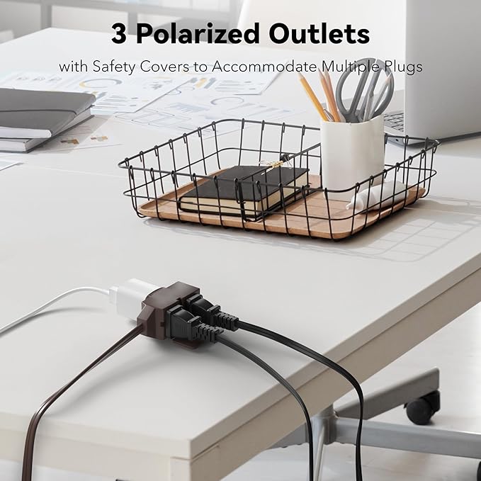 BN-LINK Indoor Extension Cord 6/9/12FT, 2 Prong Extension Cord Brown, 3-Outlet Polarized Flat Cable, 13A/1625W, Perfect for Homes, Offices, and Kitchens, Variety 3-Pack
