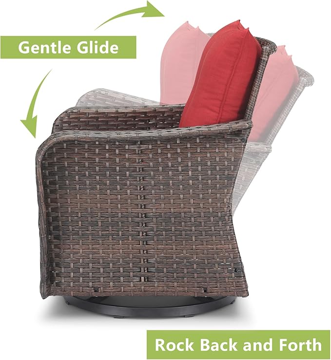 Rilyson Outdoor Patio Swivel Rocker Chairs - 3 PC Wicker Patio Bistro Sets with High Back,Thick Comfy Cushions, Deep Seating and Side Table for Porch Deck Backyard Garden(Brown/Red)
