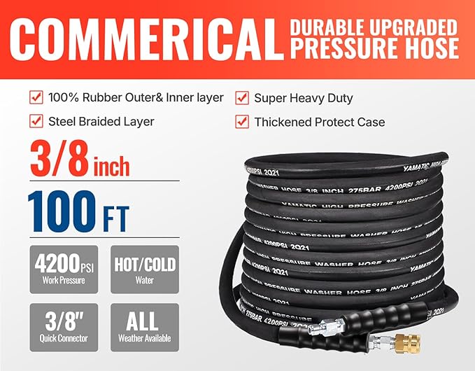 YAMATIC 3/8" Pressure Washer Hose 100 FT 4200 PSI for Hot/Cold Water, Kink Resistant Swivel 3/8" & M22-14 Quick Connection Wear Resistant Industry Grade Compatible with Most Power Washer
