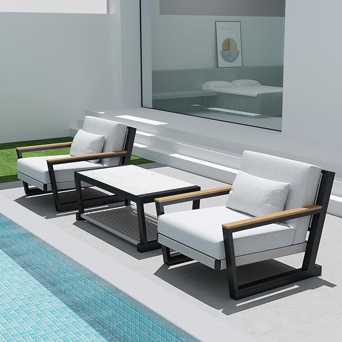 Aluminum Patio Sofa Set with PE Rope Weaving, 500lbs Capacity Outdoor Conversation Set, Waterproof UV-Resistant Cushions & Powder-Coated Frame, Modern Sectional for Poolside, Garden Grey
