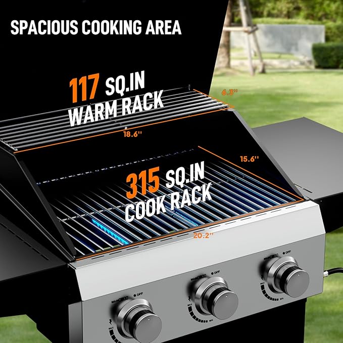 ROVSUN 3 Burner Propane Gas Grill with Foldable Side Shelves, 36000BTU BBQ Grills with Enameled Cast Iron Grates, Cabinet & Poratable Rolling Wheels for Outdoor Garden Patio Backyard Barbecue Cooking