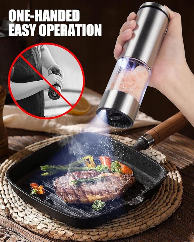 GiveBest Electric Salt and Pepper Grinder Set – Rechargeable Stainless Steel Mills, 100 ml Automatic Shakers Set with 6-Level Adjustable Coarseness and Light, Upgraded Larger Capacity