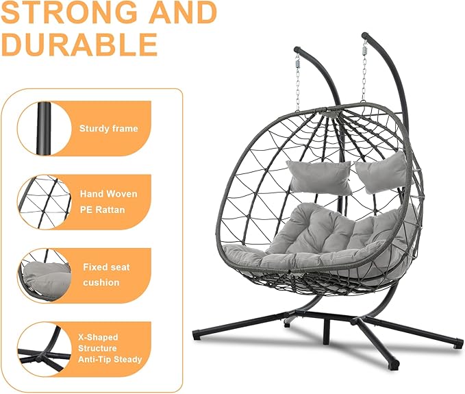 Double Egg Swing Chair with Stand, 2 Person Outdoor Indoor Hammock Hanging Chair with Cushion,Patio Wicker Hanging Egg Chair w/Cushion 700LBS Capacity for Bedroom, Balcony, Garden