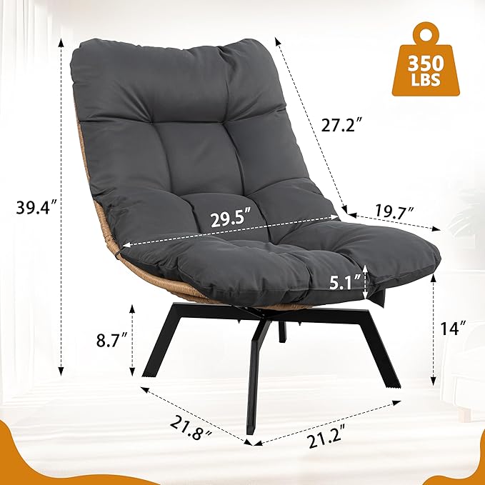 Shintenchi Outdoor Rattan Swivel Chair,Nature Wicker Patio Rotating Chair with Grey Thickened Cushion and Side Pocket,360° Rotation Patio Lounge Chairs for Living Room Bedroom Backyard Balcony