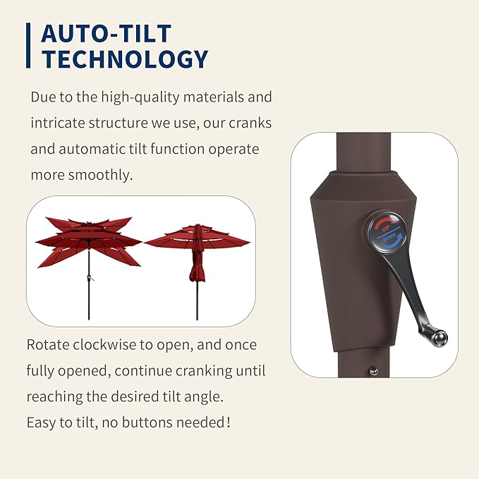 9FT 3 Tiers Patio Umbrella With Auto Tilt and Crank, Outdoor Table Market Umbrella with 8 Sturdy Ribs for Garden,Lawn,Deck,Backyard and Pool,Red