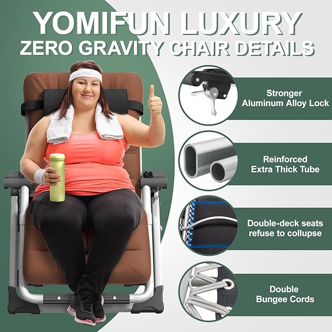 XXL Zero Gravity Lounge Chair 33", Oversized Padded Folding Recliner for Patio with Storage Bag, Removable Cushion, Footrest, Full Aluminum Lock & Large Cup Holder, Supports 500 lbs, Brown